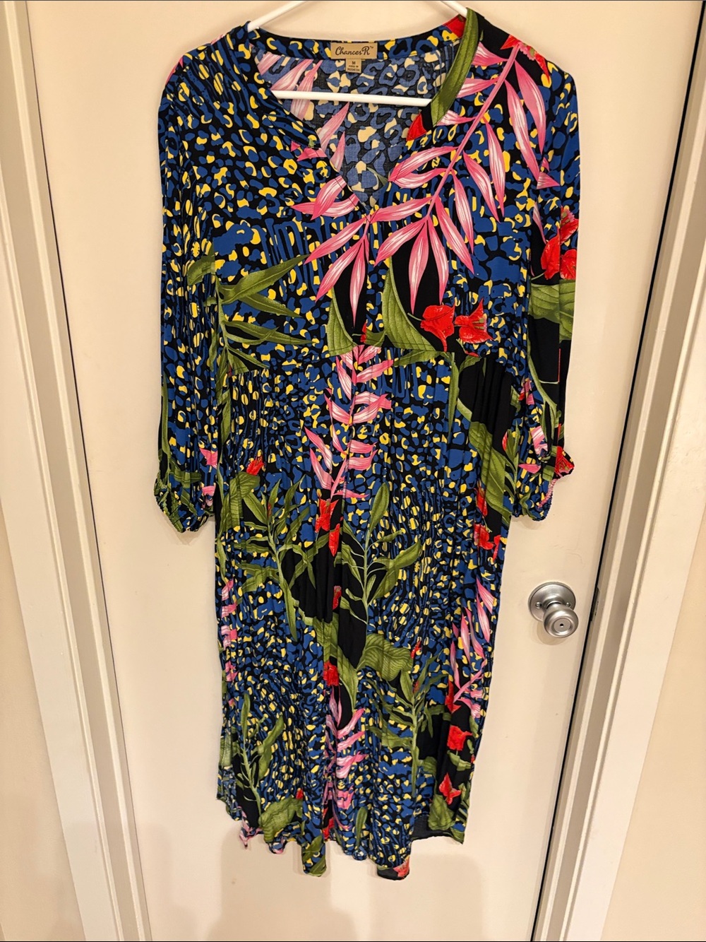 Colorful Tropical Print Midi Dress - Blue & Pink
